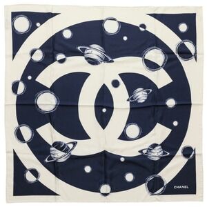CHANEL 17K Coco Mark Planet Silk Scarf/Muffler, Ivory/Navy, Women's